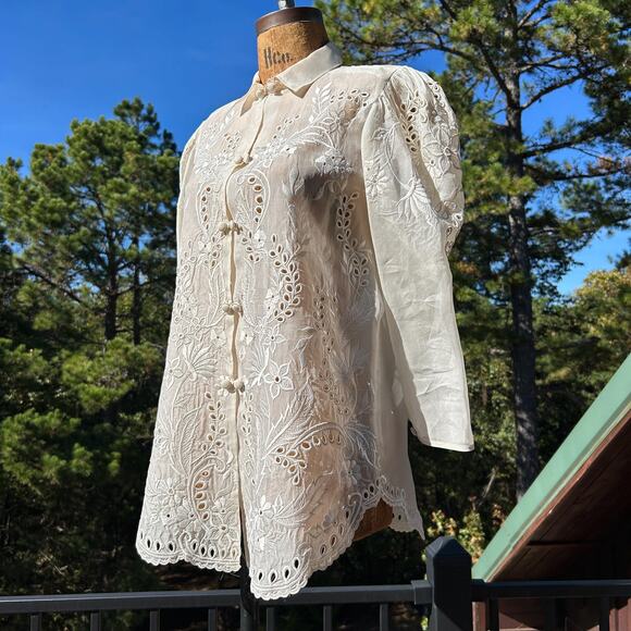 Vintage 70s Sheer Puff Sleeve Scalloped Eyelet Organza Blouse Edwardian Coquette - Picture 1 of 8